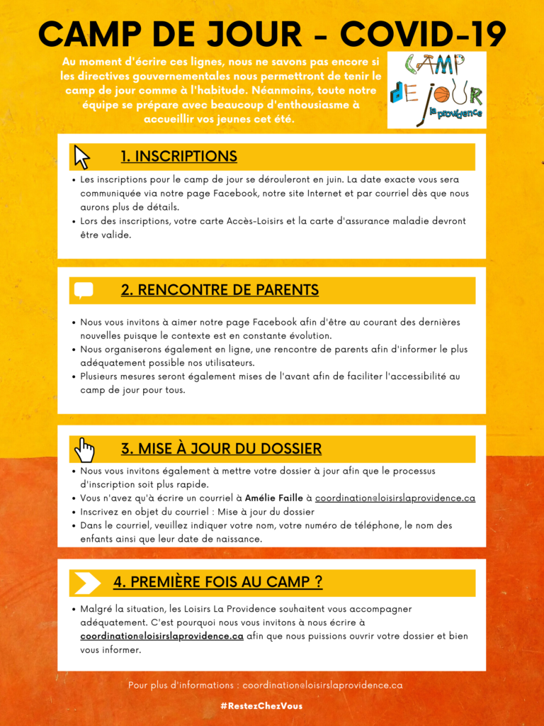 Info Camp de jour - Covid-10 - 28 avril 2020 Info Camp de jour - Covid-10 - 28 avril 2020